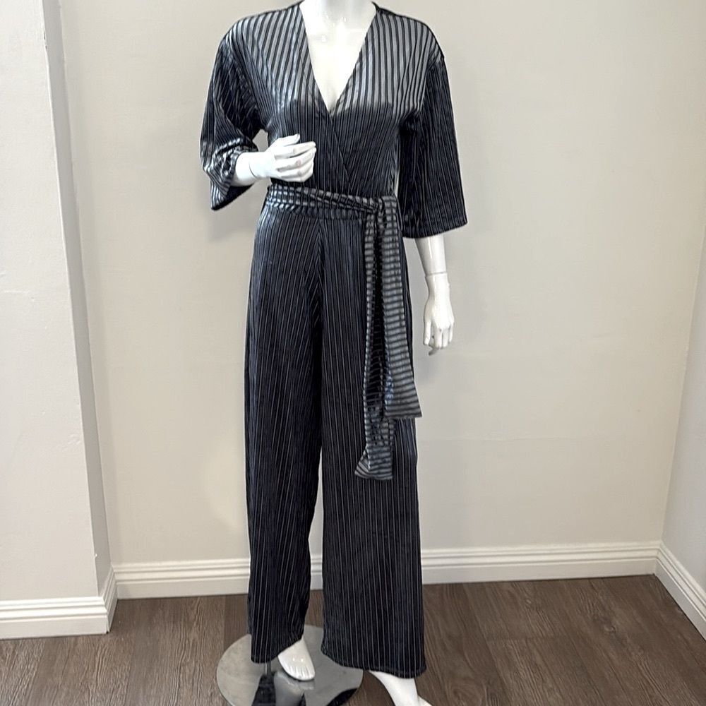 Zara Velvet Grey & Black Striped Wide Leg Jumpsuit w Tie Waist Holiday Party